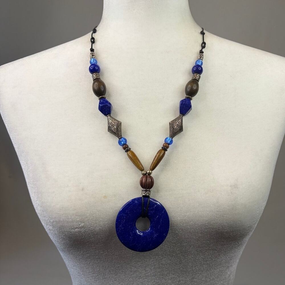Cobalt Blue Donut Stone Beaded Necklace Silver Tone and Wood 24in